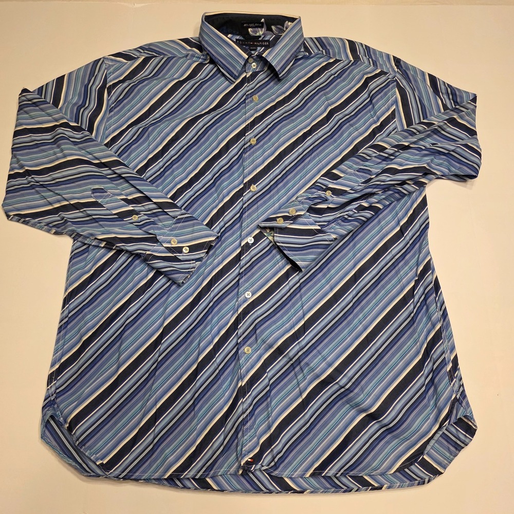 Tommy Hilfiger Mens XL Blue Diagonal Stripe 80s 2-Ply Cotton‎ Button Down Shirt